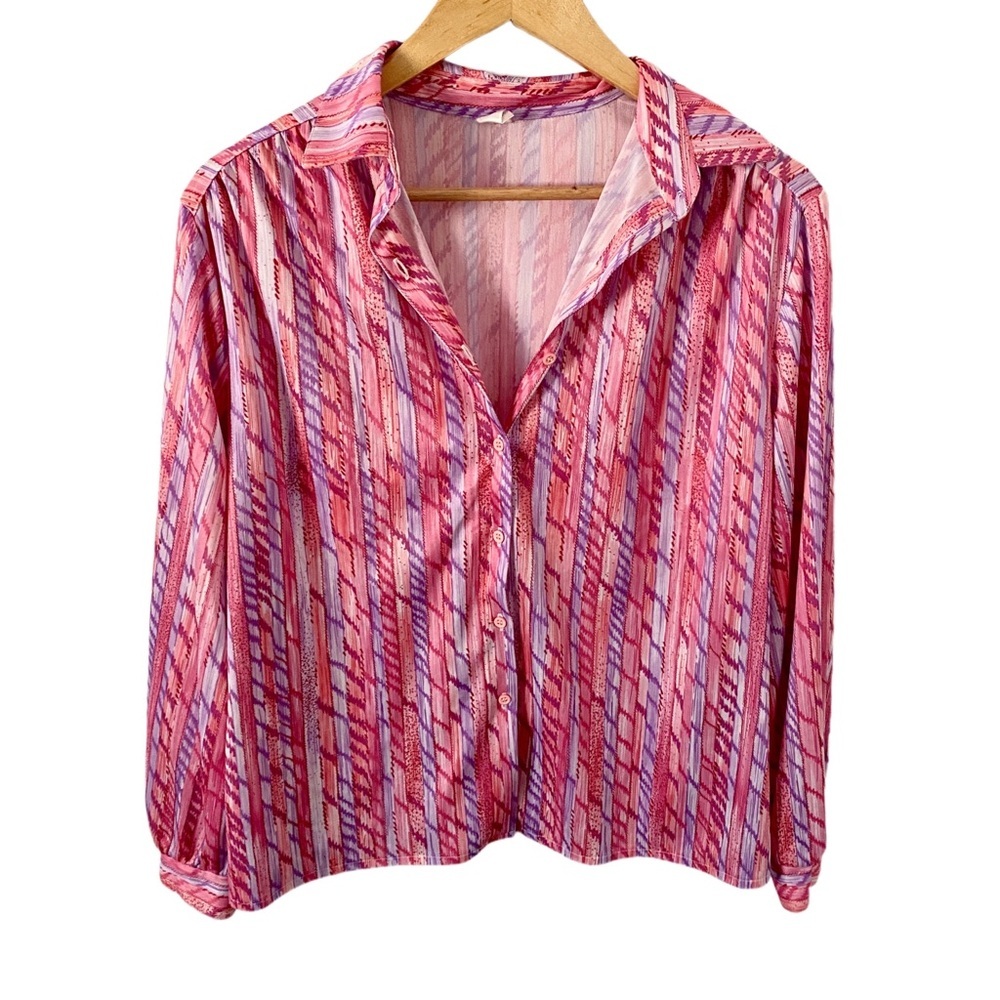 Vintage Vibrant Pastel Pink & Purple Striped Button-Up Blouse Retro Party Shirt